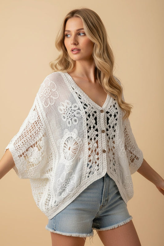 Take it Easy Crochet Oversized Button Up Top - ONE SIZE
