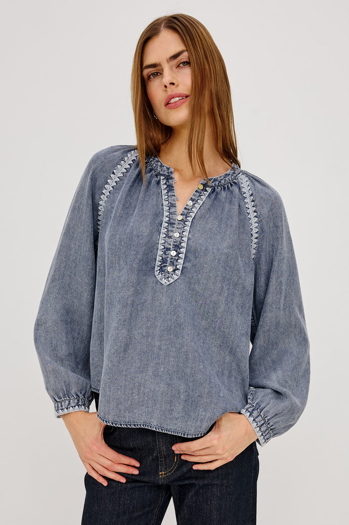 Tali Shirt in TENCEL™ Denim With Boxy Loose Fit, Blanket Stitch Trim, Raglan Sleeves, and Half Placket in Blue Ridge Colorway - Upper Body Front View Featured on Model