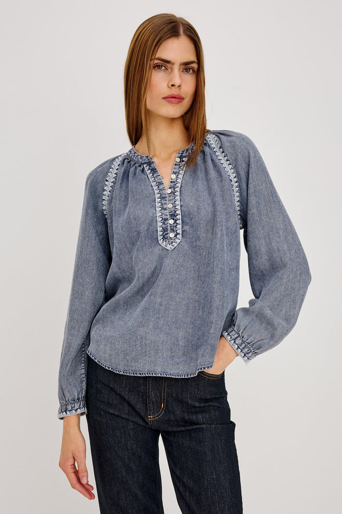Tali Shirt in TENCEL™ Denim With Boxy Loose Fit, Blanket Stitch Trim, Raglan Sleeves, and Half Placket in Blue Ridge Colorway - Upper Body Front View Featured on Model