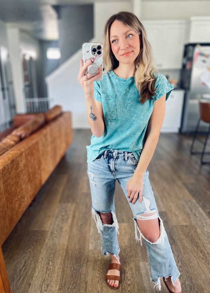 Teal Crinkle Washed Short Sleeve Tee