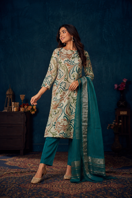 Teal Elegance Printed Kurta Pant & Dupatta Set
