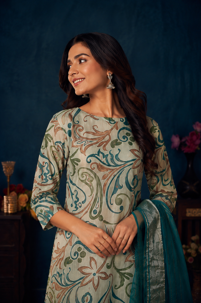 Teal Elegance Printed Kurta Pant & Dupatta Set