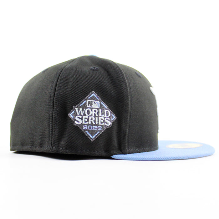 Texas Rangers 2023 World Series New Era 59Fifty Fitted Hat (Black Sky Blue Gray Under Brim)