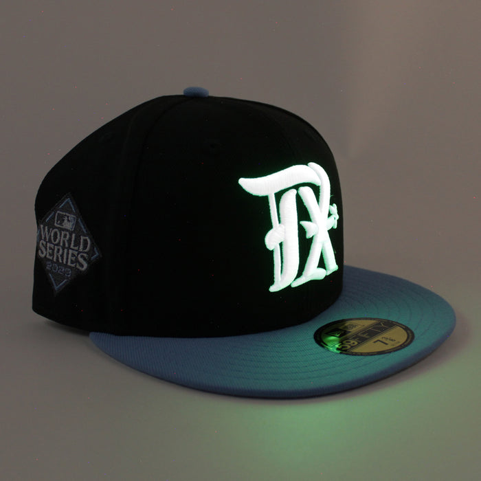 Texas Rangers 2023 World Series New Era 59Fifty Fitted Hat (Black Sky Blue Gray Under Brim)