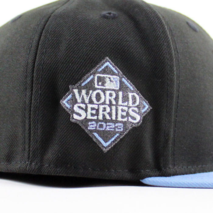 Texas Rangers 2023 World Series New Era 59Fifty Fitted Hat (Black Sky Blue Gray Under Brim)