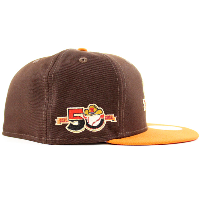Texas Rangers 50TH New Era 59Fifty Fitted Hat (BURNT WOOD Fight Orange PINOT RED Under Brim)
