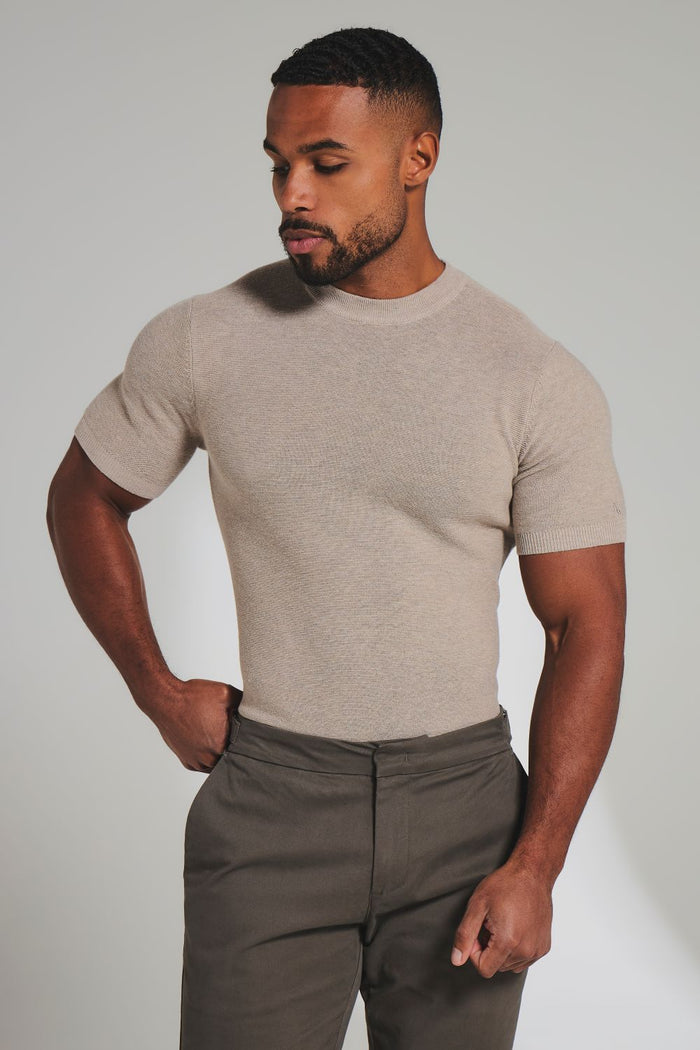 Textured Knitted Crew Neck T-Shirt in Neutral