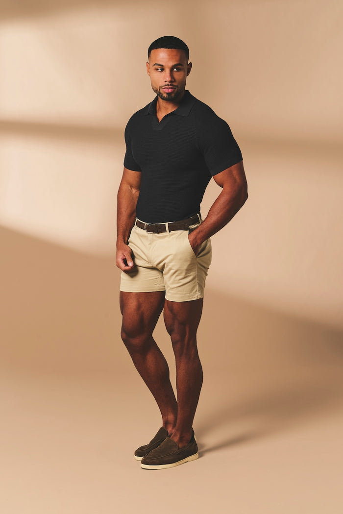 Textured Knitted Open Collar Polo Shirt in Black - TAILORED ATHLETE - USA