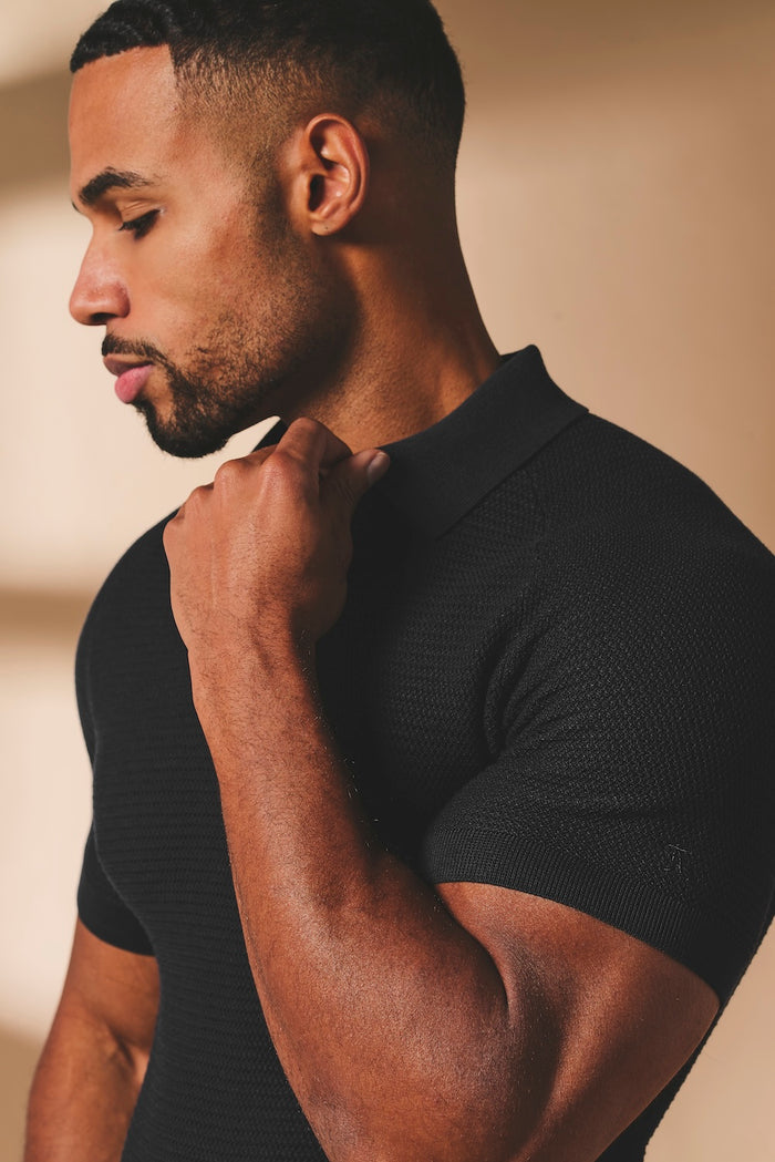 Textured Knitted Open Collar Polo Shirt in Black - TAILORED ATHLETE - USA