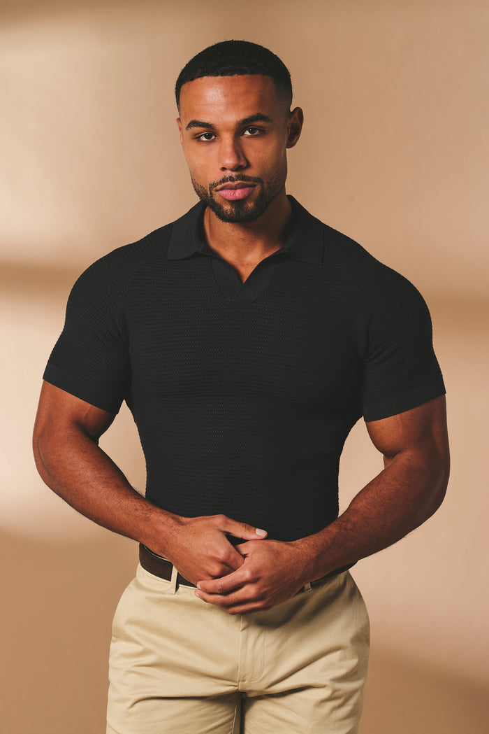 Textured Knitted Open Collar Polo Shirt in Black - TAILORED ATHLETE - USA