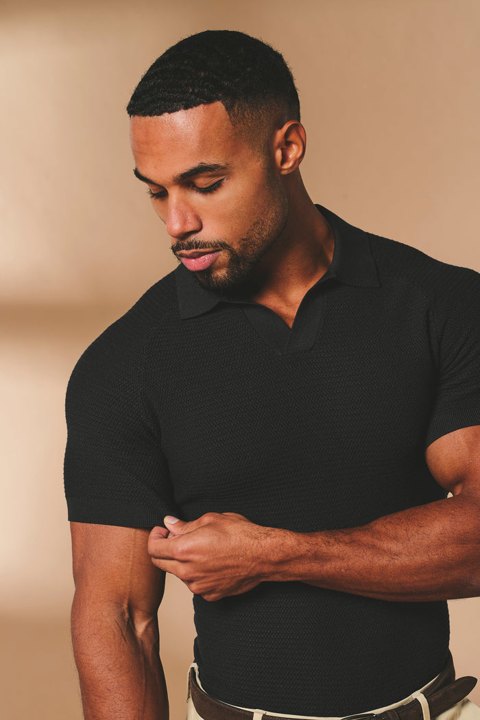 Textured Knitted Open Collar Polo Shirt in Black - TAILORED ATHLETE - USA