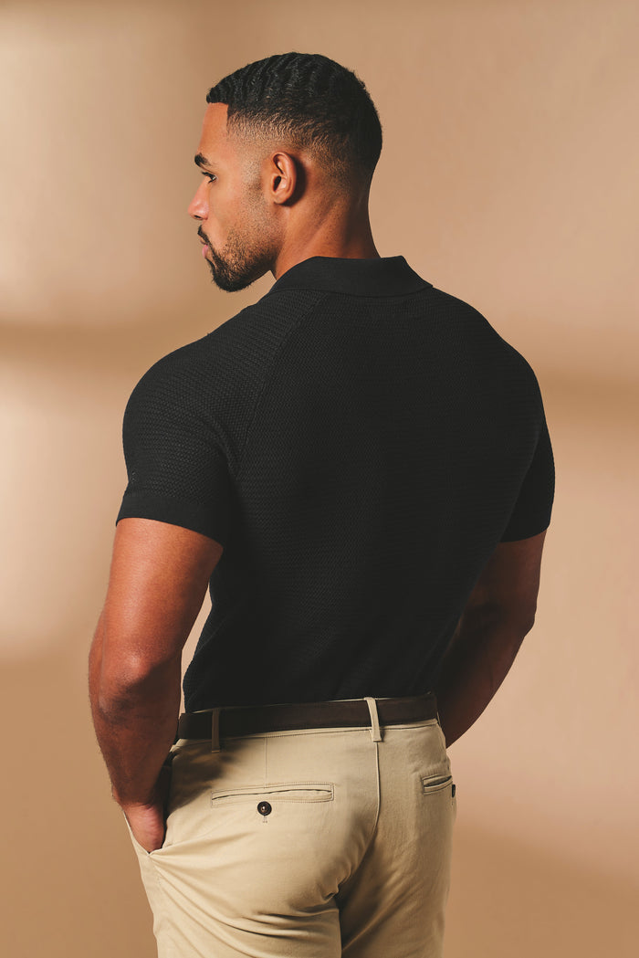 Textured Knitted Open Collar Polo Shirt in Black - TAILORED ATHLETE - USA