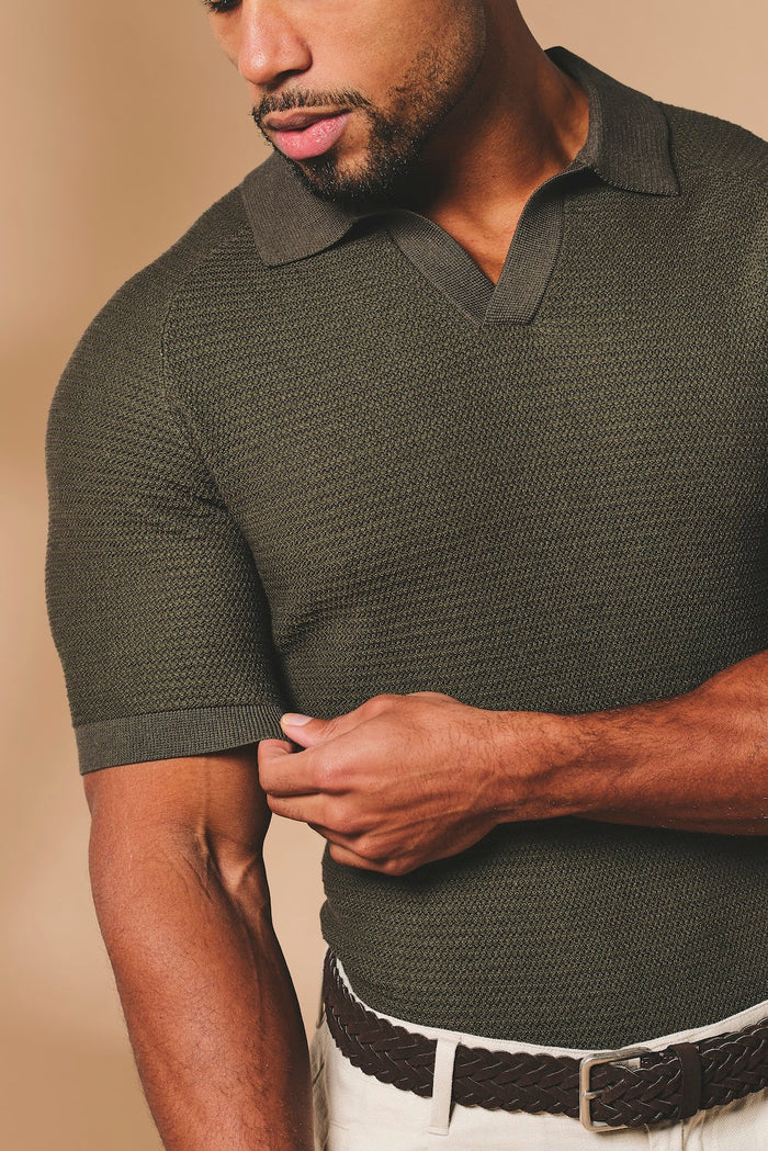 Textured Knitted Open Collar Polo Shirt in Dark Olive - TAILORED ATHLETE - USA