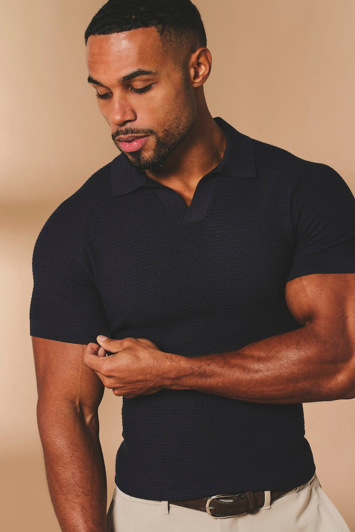 Textured Knitted Open Collar Polo Shirt in Navy - TAILORED ATHLETE - USA