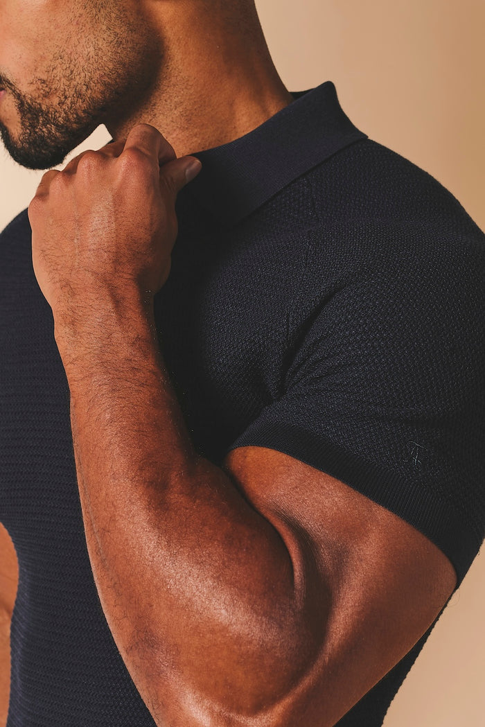 Textured Knitted Open Collar Polo Shirt in Navy - TAILORED ATHLETE - USA