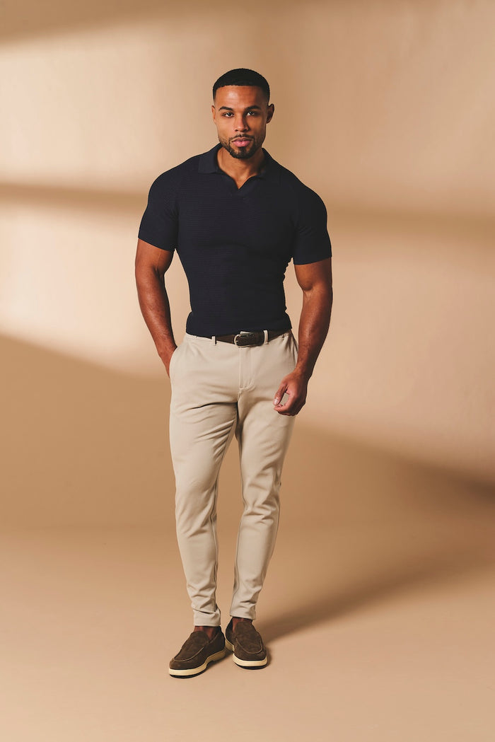 Textured Knitted Open Collar Polo Shirt in Navy - TAILORED ATHLETE - USA