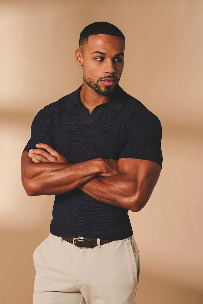 Textured Knitted Open Collar Polo Shirt in Navy - TAILORED ATHLETE - USA