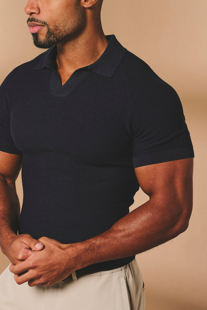 Textured Knitted Open Collar Polo Shirt in Navy - TAILORED ATHLETE - USA