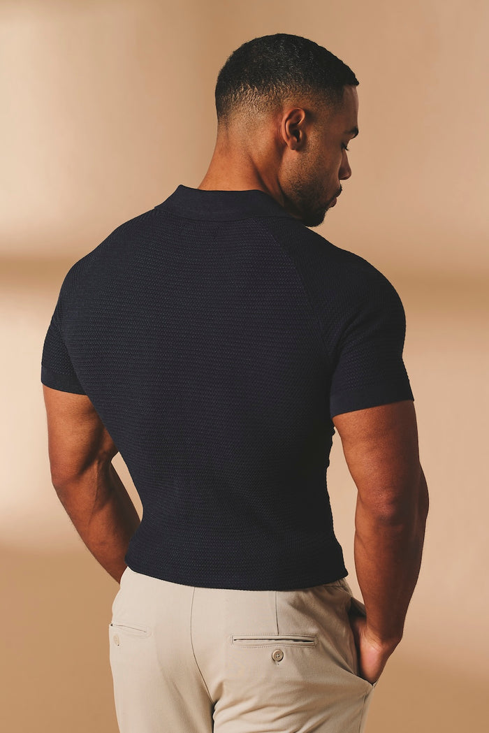 Textured Knitted Open Collar Polo Shirt in Navy - TAILORED ATHLETE - USA