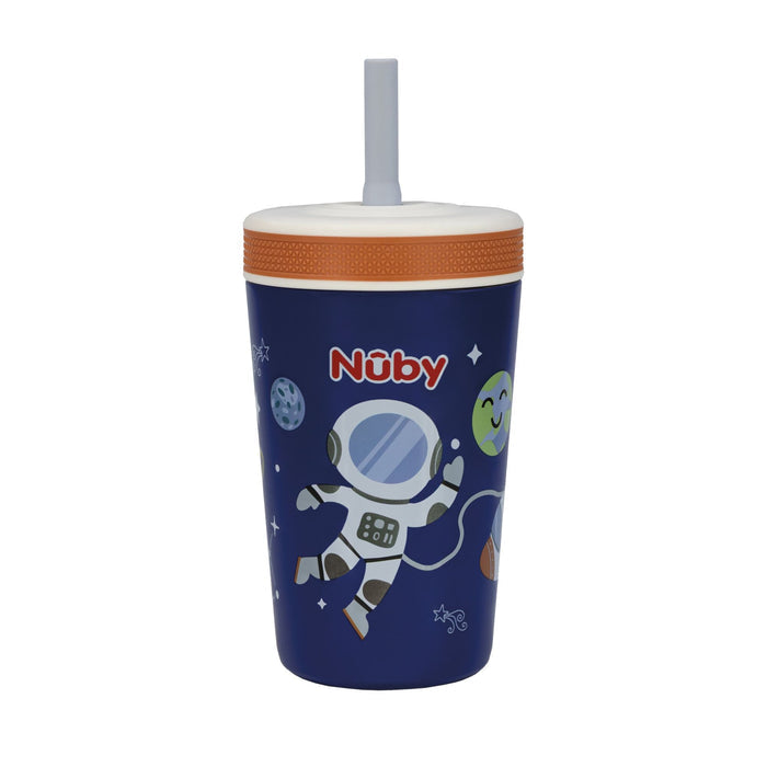 The Nuby Thirsty Kids Flexstraw Stainless Steel Cup | Astronaut features a blue body with an orange rim, white lid, and fun astronaut, planet, and star illustrations—perfect for kids to enjoy cold drinks without spills.