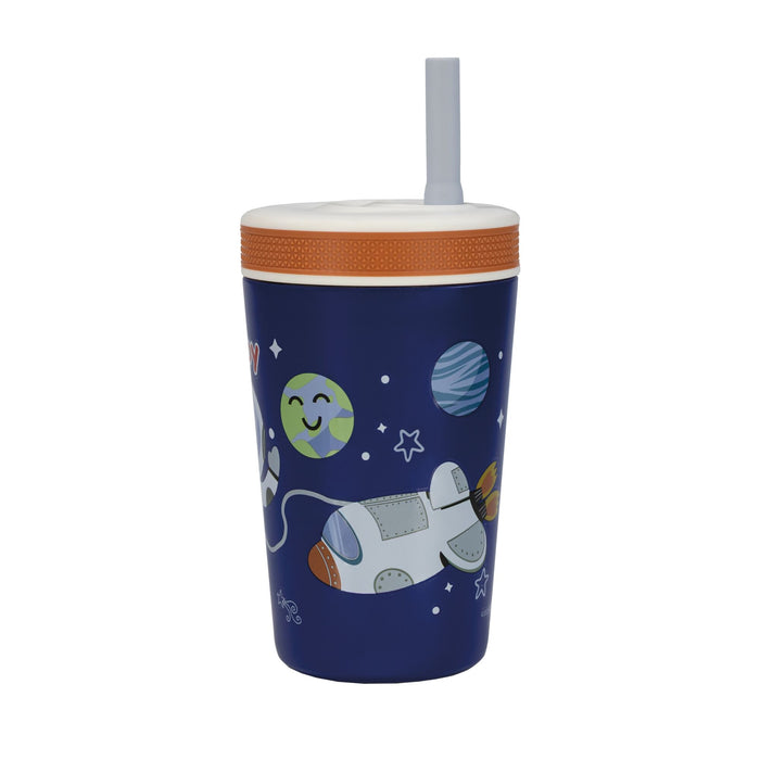 The Nuby Thirsty Kids Flexstraw Stainless Steel Cup | Astronaut is a dark blue kids’ cup with an orange lid, gray no-spill straw, and decorated with planets, stars, a spaceship, and a cheerful astronaut in space.