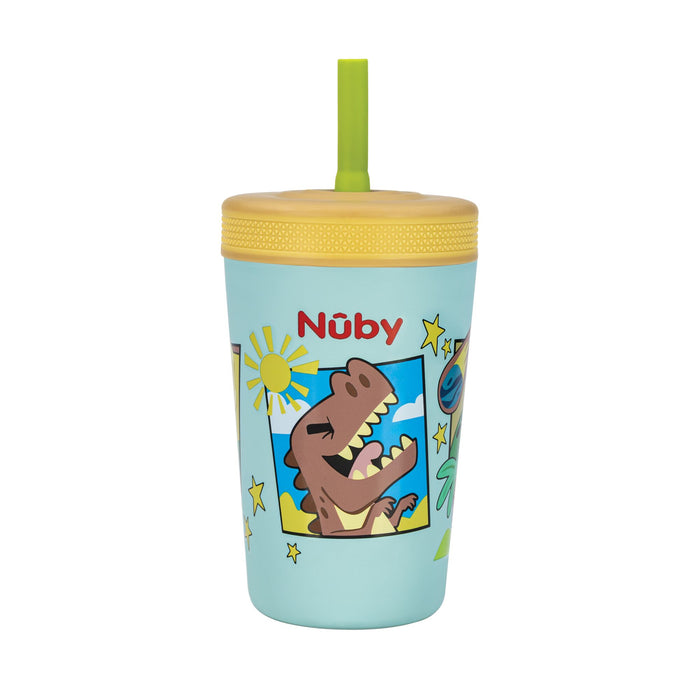 The Nuby Thirsty Kids Flexstraw Stainless Steel Cup | Dinosaurs features a no-spill straw and fun dinosaur design, making it perfect for keeping kids’ drinks cold and mess-free.