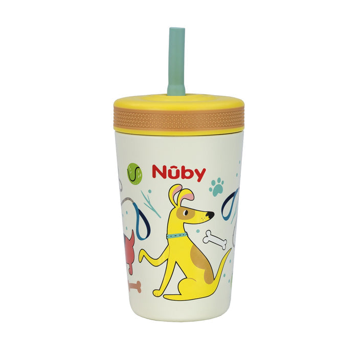 The Nuby Thirsty Kids Flexstraw Stainless Steel Cup | Dogs features playful dog illustrations and a no-spill green straw with yellow lid—perfect as a kids cold drink cup.