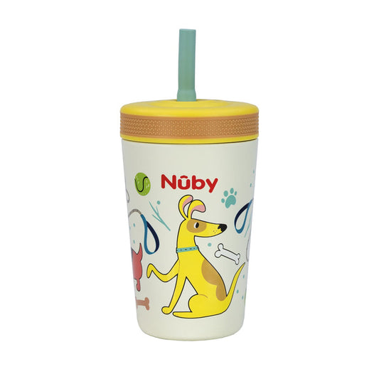 The Nuby Thirsty Kids Flexstraw Stainless Steel Cup | Dogs features playful dog illustrations and a no-spill green straw with yellow lid—perfect as a kids cold drink cup.