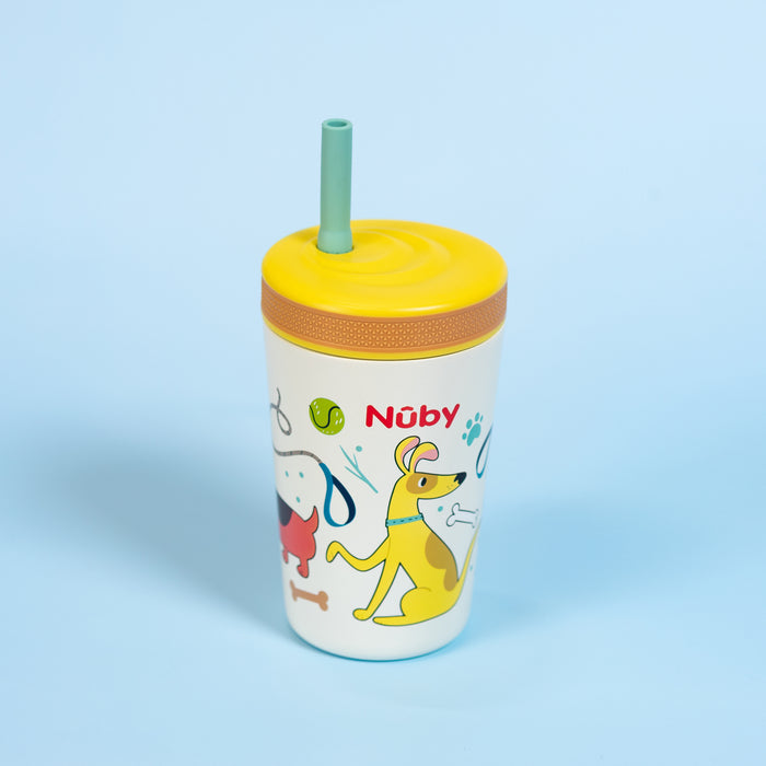 The Nuby Thirsty Kids Flexstraw Stainless Steel Cup | Dogs, featuring playful dog and kangaroo illustrations, has a white body, yellow lid, and turquoise straw—making it the perfect kids’ cold drink cup on a light blue background.