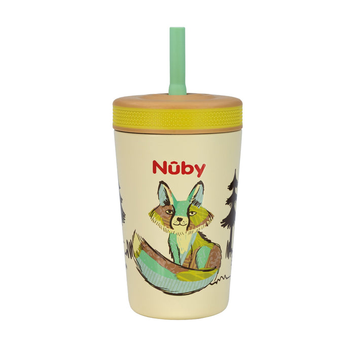 The Nuby Thirsty Kids Flexstraw Stainless Steel Cup | Fox is a cream-colored no-spill kids cold drink cup with a yellow lid, green straw, and fox in canoe design.