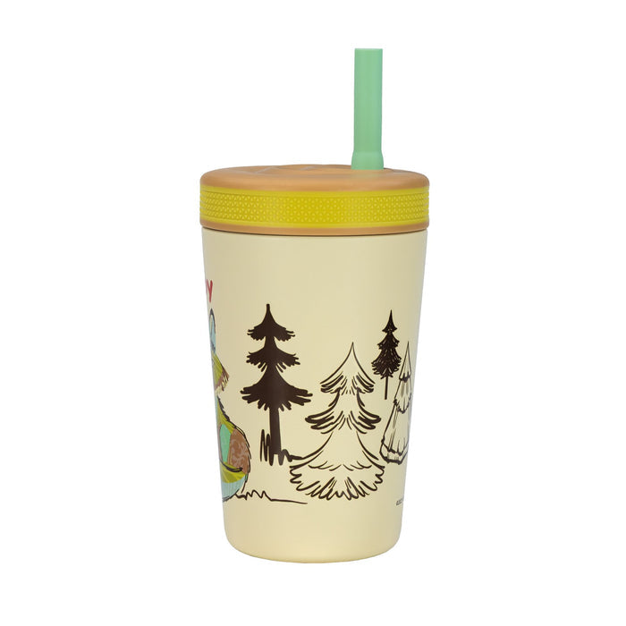The Nuby Thirsty Kids Flexstraw Stainless Steel Cup | Fox features a beige body, yellow lid, green no-spill straw, and forest-themed designs with a fox, making it ideal for kids’ cold drinks.