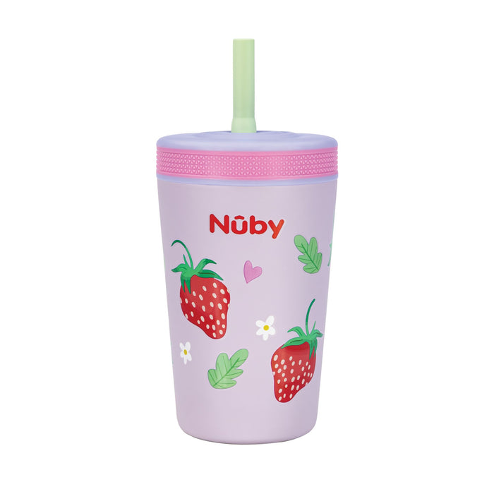 The Nuby Thirsty Kids Flexstraw Stainless Steel Cup in the Strawberries design features a lavender body, pink lid, and green straw with strawberry, leaf, flower, and heart decorations—ideal for kids' cold drinks.