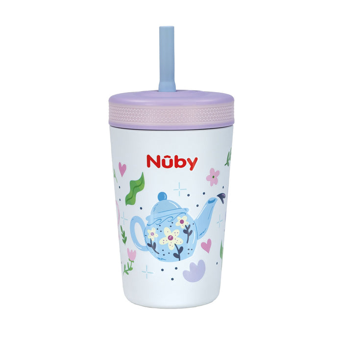 The Nuby Thirsty Kids Flexstraw Stainless Steel Cup | Teapots features a purple lid, is decorated with a blue teapot, flowers, leaves, and hearts on white, plus the red Nuby logo—ideal for kids’ cold drinks.