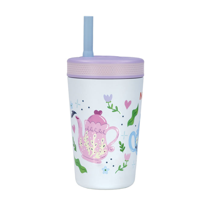 The Nuby Thirsty Kids Flexstraw Stainless Steel Cup | Teapots features insulation, a purple lid, blue no-spill straw, and colorful teapots, hearts, flowers, and green leaves—perfect for kids’ cold drinks.