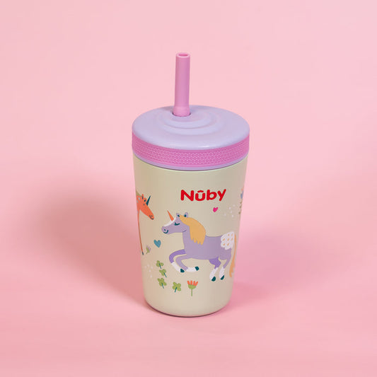 The Nuby Thirsty Kids Flexstraw Stainless Steel Cup features unicorns on a pastel green cup with a lavender lid—perfect as a no-spill cold drink cup for kids on the go.