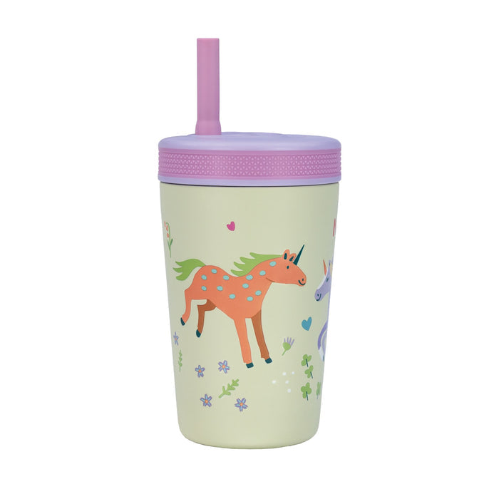 The Nuby Thirsty Kids Flexstraw Stainless Steel Cup | Unicorns is a light yellow insulated cup with a pink lid, no-spill straw, and colorful unicorn, heart, and flower designs—ideal for kids’ cold drinks.