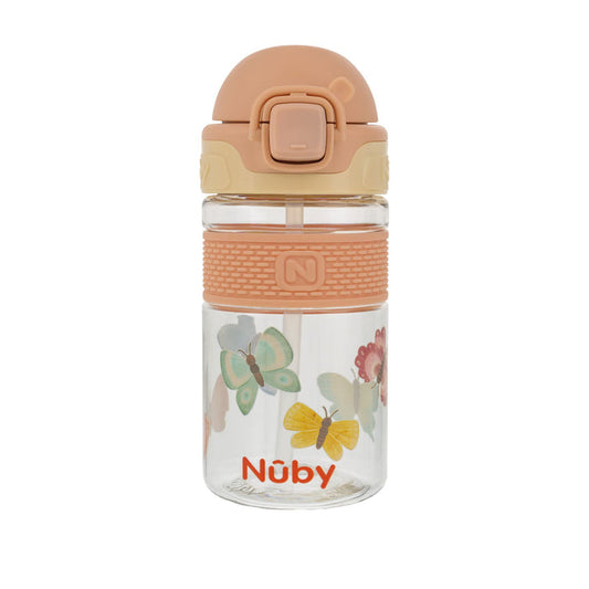 The Nuby US Thirsty Kids Flip-It BOLT Water Bottle | Butterflies features a clear plastic body with colorful butterfly designs, an orange Nuby logo at the base, and a peach no-spill flip-top lid with an easy-grip.
