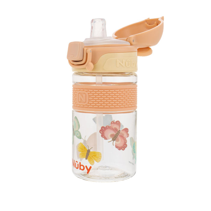 The Nuby US Thirsty Kids Flip-It BOLT Water Bottle | Butterflies is a clear kids cup with a peach no-spill flip-top lid, silicone spout, textured grip, built-in straw, and colorful butterfly designs.