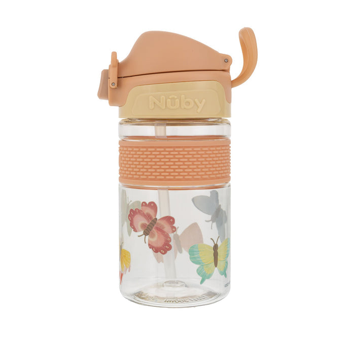 The Nuby US Thirsty Kids Flip-It BOLT Water Bottle | Butterflies is a clear plastic kids' cup with a peach flip lid, handle, textured grip, colorful butterfly designs, and a no-spill lid for mess-free sipping.