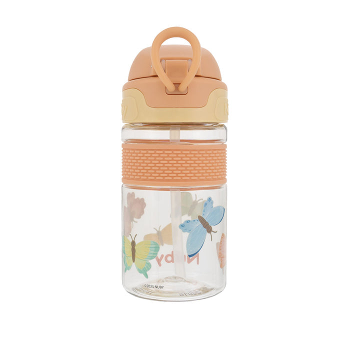 The Nuby US Thirsty Kids Flip-It BOLT Water Bottle | Butterflies is a clear plastic kids cup with a peach no-spill lid, handle, orange grip, silicone spout, and colorful butterfly designs on the body.