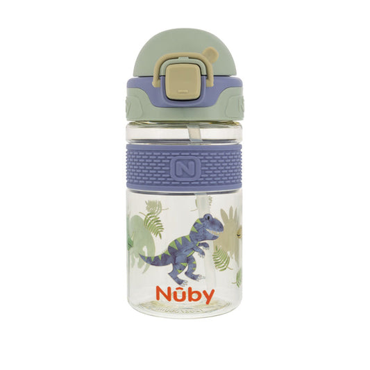 The Nuby US Thirsty Kids Flip-It BOLT Water Bottle | Dinosaurs features a clear cup with a green and purple no-spill lid, silicone spout, textured grip, and a playful purple dinosaur with green stripes among plants. Brand name at the bottom.