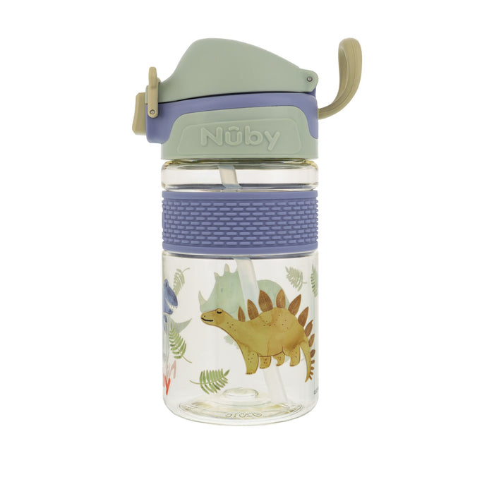 The Nuby US Thirsty Kids Flip-It BOLT Water Bottle | Dinosaurs is a clear kids cup with a green and purple no-spill lid, flip-up straw, grip, and features dinosaur illustrations with leafy patterns.