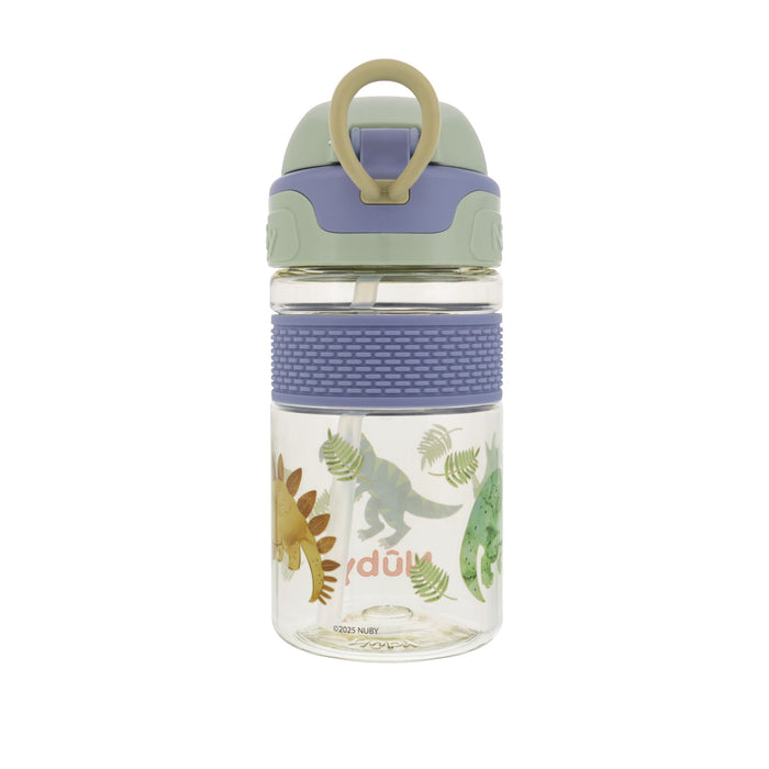 The Nuby US Thirsty Kids Flip-It BOLT Water Bottle | Dinosaurs is a clear kids’ cup with a blue and green no-spill lid, flip-up straw, loop handle, and fun dinosaur & leaf designs—perfect for little ones on the go.