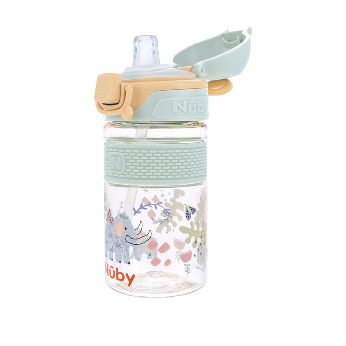 The Nuby US Thirsty Kids Flip-It BOLT Water Bottle | Mammoths is a clear kids cup with a no-spill lid, flip-top, and soft silicone spout. It features green and beige accents, plus mammoth and colorful plant decorations.