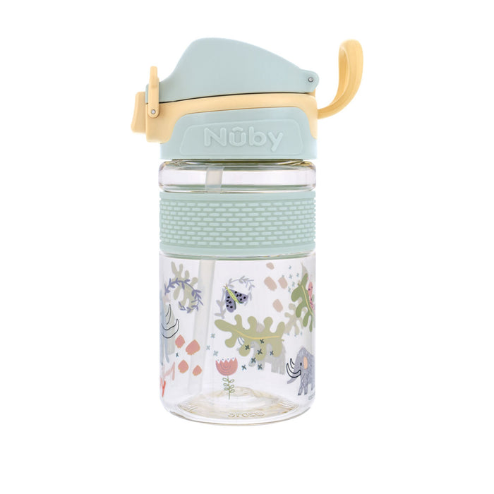 The Nuby US Thirsty Kids Flip-It BOLT Water Bottle | Mammoths features a clear design, no-spill flip-top silicone spout, textured green grip, and colorful mammoth illustrations on the lower part of the kids cup.