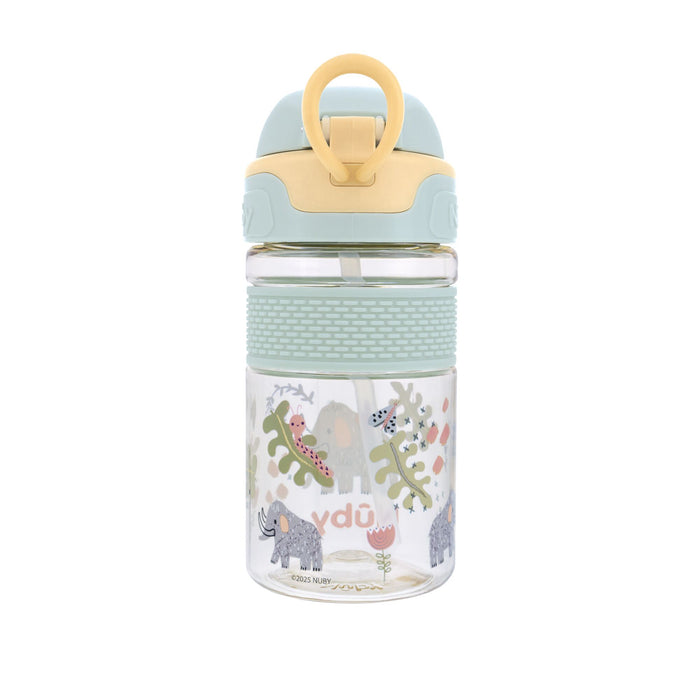 The Nuby US Thirsty Kids Flip-It BOLT Water Bottle | Mammoths is a clear kids cup with pastel yellow and mint green no-spill lid, animal illustrations, and a built-in straw for easy sipping.