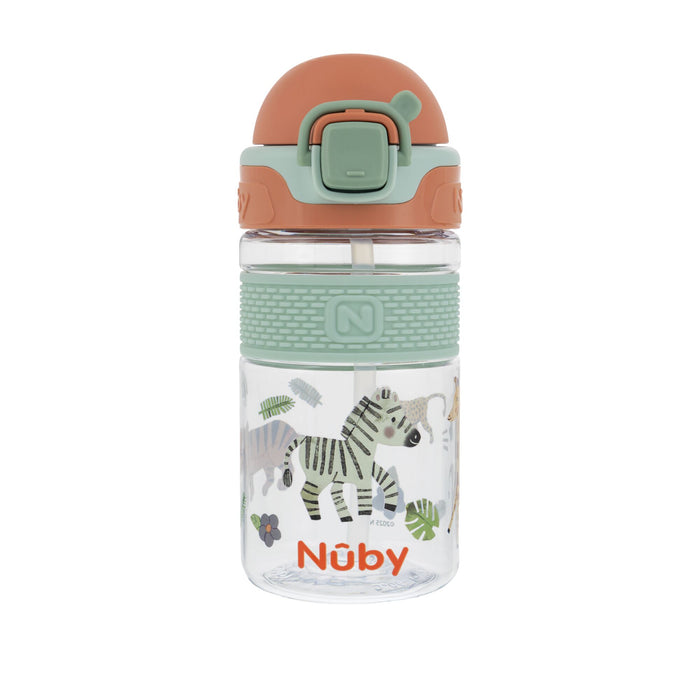 The Nuby US Thirsty Kids Flip-It BOLT Water Bottle | Safari features clear plastic, a green and orange flip-top lid, soft green grip, silicone spout, playful safari animal prints including a zebra and leaves, plus the orange Nuby logo.