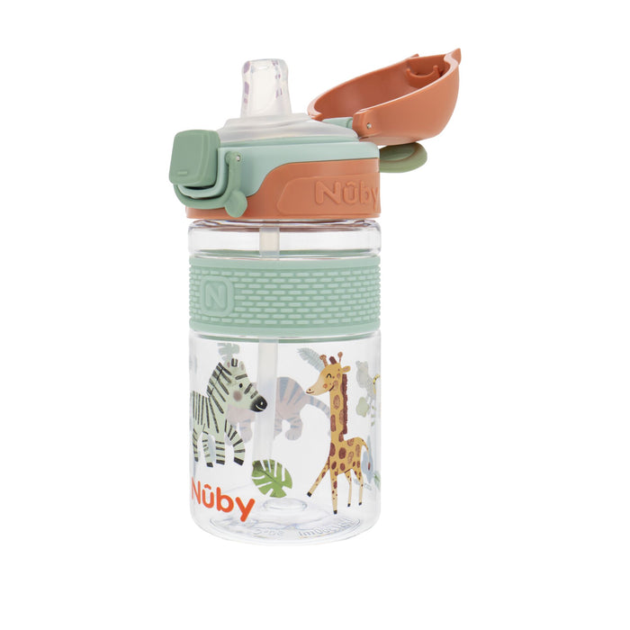 The Nuby US Thirsty Kids Flip-It BOLT Water Bottle | Safari features a clear bottle, green and tan flip-top lid, silicone straw spout, zebra and giraffe prints, and a no-spill design—making hydration fun for kids.