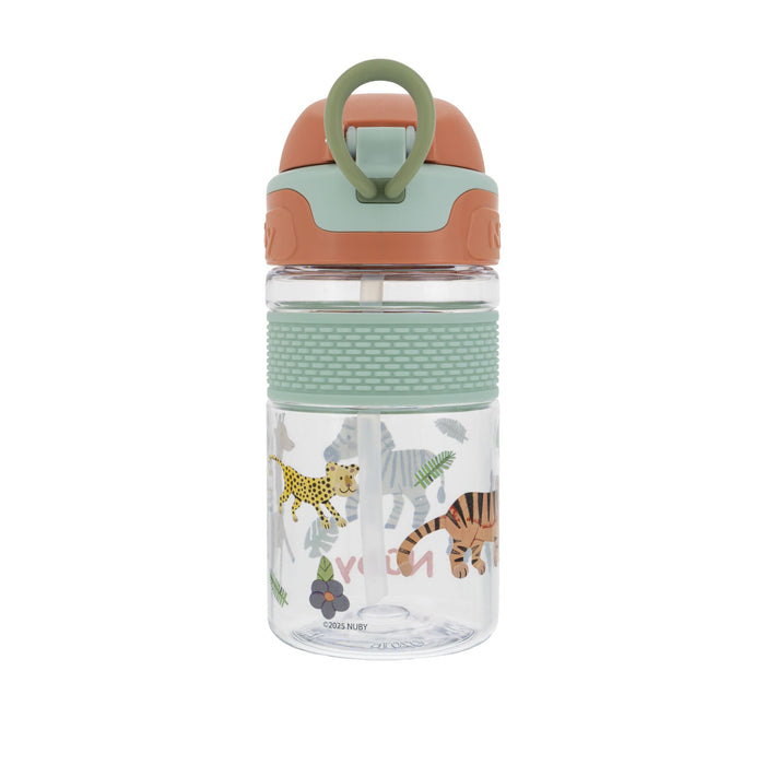 The Nuby US Thirsty Kids Flip-It BOLT Water Bottle | Safari is a clear kids’ bottle with a green and orange lid, handle, and straw, silicone spout, and cute cheetah, tiger, and jungle leaf designs.