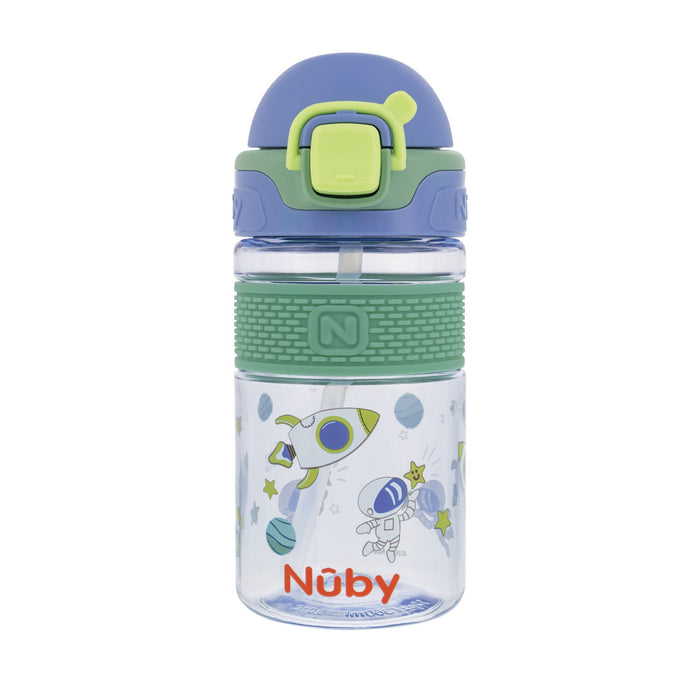 A clear Thirsty Kids Flip-It BOLT Water Bottle | Space by Nuby US with a green and blue no-spill lid, flip-top silicone spout, and rockets, planets, and stars design. The red Nuby logo is printed on the bottle.